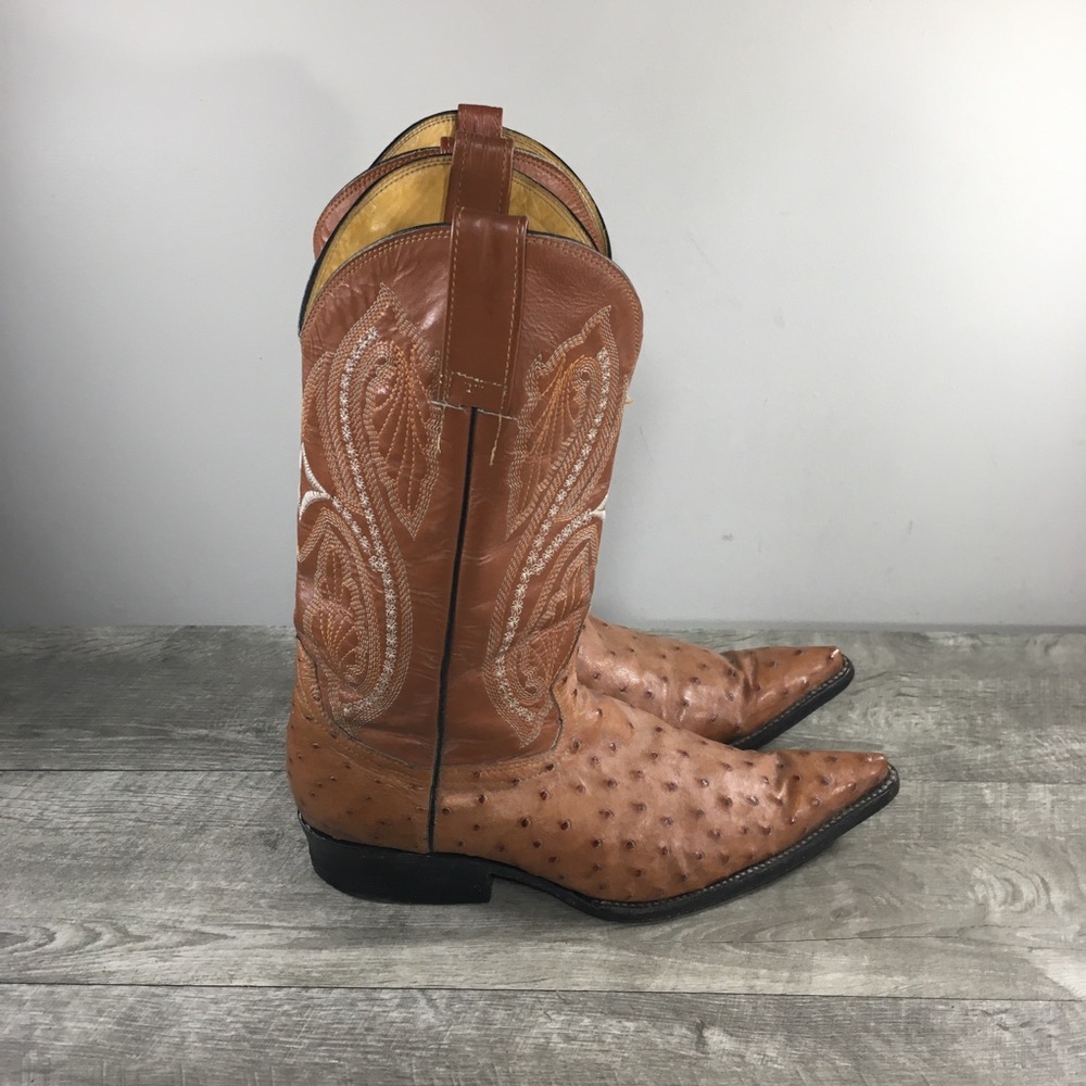 Vintage Ostrich Brown Leather Cowboy Western Mens Cognac Pull On Boots Size 8 US